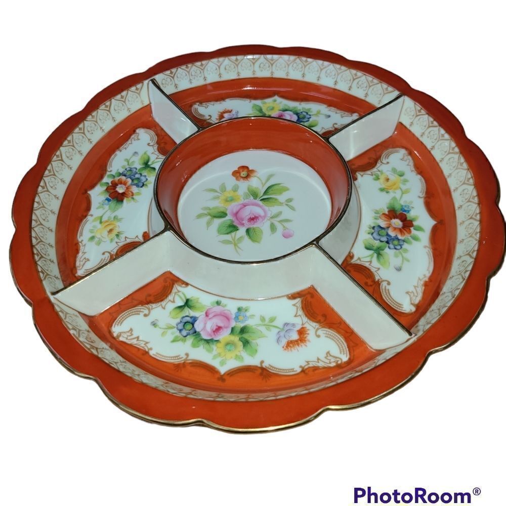 Antique Moriyama Mori Machi Divided Dish, porcelain, floral orange
